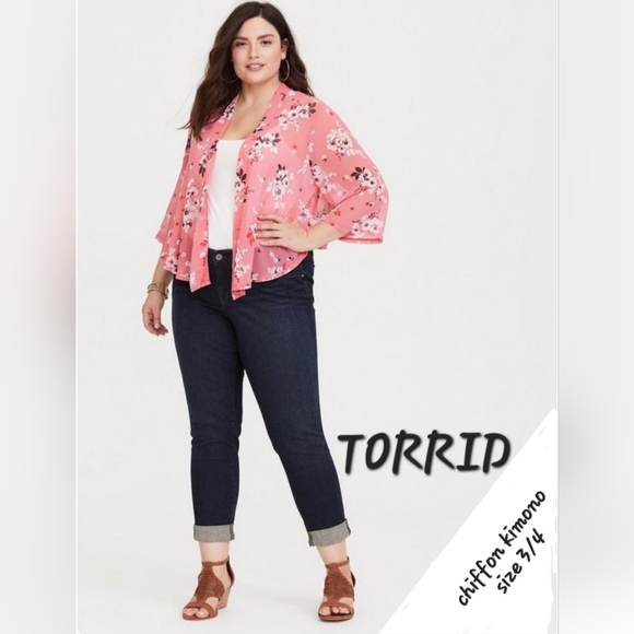 Torrid chiffon floral kimono size 3/4 pink cherry blossom print - Picture 4 of 14